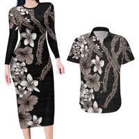 Hawaiian Tropical Flowers and Maile Pikake Couples Matching Long Sleeve Bodycon Dress and Hawaiian Shirt Polynesian Tribal Pattern Grayscale Mode LT03 Black - Polynesian Pride
