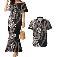 Hawaiian Tropical Flowers and Maile Pikake Couples Matching Mermaid Dress and Hawaiian Shirt Polynesian Tribal Pattern Grayscale Mode LT03 Black - Polynesian Pride