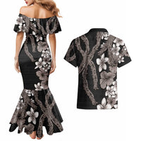 Hawaiian Tropical Flowers and Maile Pikake Couples Matching Mermaid Dress and Hawaiian Shirt Polynesian Tribal Pattern Grayscale Mode LT03 - Polynesian Pride