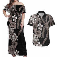 Hawaiian Tropical Flowers and Maile Pikake Couples Matching Off Shoulder Maxi Dress and Hawaiian Shirt Polynesian Tribal Pattern Grayscale Mode LT03 Black - Polynesian Pride