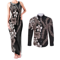 Hawaiian Tropical Flowers and Maile Pikake Couples Matching Tank Maxi Dress and Long Sleeve Button Shirt Polynesian Tribal Pattern Grayscale Mode