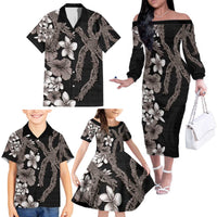 Hawaiian Tropical Flowers and Maile Pikake Family Matching Off The Shoulder Long Sleeve Dress and Hawaiian Shirt Polynesian Tribal Pattern Grayscale Mode LT03 - Polynesian Pride