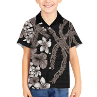 Hawaiian Tropical Flowers and Maile Pikake Family Matching Off Shoulder Maxi Dress and Hawaiian Shirt Polynesian Tribal Pattern Grayscale Mode LT03 Son's Shirt Black - Polynesian Pride
