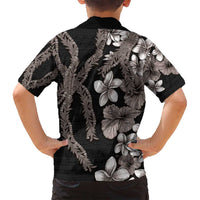 Hawaiian Tropical Flowers and Maile Pikake Family Matching Puletasi and Hawaiian Shirt Polynesian Tribal Pattern Grayscale Mode LT03 - Polynesian Pride