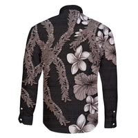 Hawaiian Tropical Flowers and Maile Pikake Family Matching Puletasi and Hawaiian Shirt Polynesian Tribal Pattern Grayscale Mode LT03 - Polynesian Pride