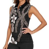 Hawaiian Tropical Flowers and Maile Pikake Women Sleeveless Polo Shirt Polynesian Tribal Pattern Grayscale Mode LT03 - Polynesian Pride