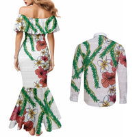 Hawaiian Tropical Flowers and Maile Pikake Couples Matching Mermaid Dress and Long Sleeve Button Shirt Polynesian Tribal Pattern White Color LT03 - Polynesian Pride