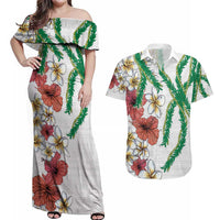 Hawaiian Tropical Flowers and Maile Pikake Couples Matching Off Shoulder Maxi Dress and Hawaiian Shirt Polynesian Tribal Pattern White Color LT03 White - Polynesian Pride