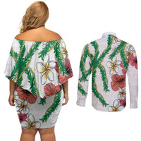 Hawaiian Tropical Flowers and Maile Pikake Couples Matching Off Shoulder Short Dress and Long Sleeve Button Shirt Polynesian Tribal Pattern White Color LT03