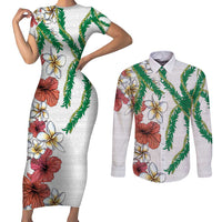 Hawaiian Tropical Flowers and Maile Pikake Couples Matching Short Sleeve Bodycon Dress and Long Sleeve Button Shirt Polynesian Tribal Pattern White Color LT03 White - Polynesian Pride