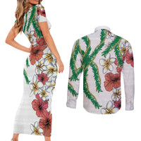 Hawaiian Tropical Flowers and Maile Pikake Couples Matching Short Sleeve Bodycon Dress and Long Sleeve Button Shirt Polynesian Tribal Pattern White Color LT03 - Polynesian Pride
