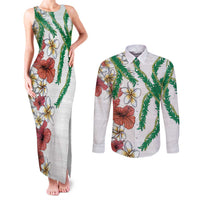 Hawaiian Tropical Flowers and Maile Pikake Couples Matching Tank Maxi Dress and Long Sleeve Button Shirt Polynesian Tribal Pattern White Color LT03 White - Polynesian Pride