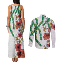 Hawaiian Tropical Flowers and Maile Pikake Couples Matching Tank Maxi Dress and Long Sleeve Button Shirt Polynesian Tribal Pattern White Color LT03 - Polynesian Pride