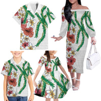 Hawaiian Tropical Flowers and Maile Pikake Family Matching Off The Shoulder Long Sleeve Dress and Hawaiian Shirt Polynesian Tribal Pattern White Color LT03 - Polynesian Pride