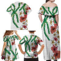 Hawaiian Tropical Flowers and Maile Pikake Family Matching Off Shoulder Maxi Dress and Hawaiian Shirt Polynesian Tribal Pattern White Color LT03 - Polynesian Pride
