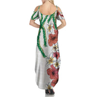 Hawaiian Tropical Flowers and Maile Pikake Family Matching Summer Maxi Dress and Hawaiian Shirt Polynesian Tribal Pattern White Color