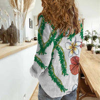 Hawaiian Tropical Flowers and Maile Pikake Women Casual Shirt Polynesian Tribal Pattern White Color LT03 - Polynesian Pride