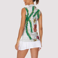 Hawaiian Tropical Flowers and Maile Pikake Women Sleeveless Polo Shirt Polynesian Tribal Pattern White Color LT03 - Polynesian Pride