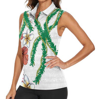 Hawaiian Tropical Flowers and Maile Pikake Women Sleeveless Polo Shirt Polynesian Tribal Pattern White Color LT03 - Polynesian Pride