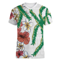 Hawaiian Tropical Flowers and Maile Pikake Women V-Neck T-Shirt Polynesian Tribal Pattern White Color LT03 Female White - Polynesian Pride