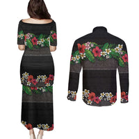 Hawaiian Tropical Flowers and Tribal Polynesian Tattoo Couples Matching Puletasi and Long Sleeve Button Shirt Black Color LT03 - Polynesian Pride