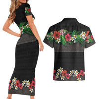 Hawaiian Tropical Flowers and Tribal Polynesian Tattoo Couples Matching Short Sleeve Bodycon Dress and Hawaiian Shirt Black Color LT03 - Polynesian Pride
