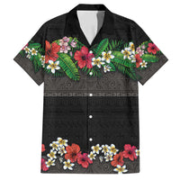 Hawaiian Tropical Flowers and Tribal Polynesian Tattoo Family Matching Long Sleeve Bodycon Dress and Hawaiian Shirt Black Color