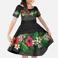 Hawaiian Tropical Flowers and Tribal Polynesian Tattoo Family Matching Off Shoulder Maxi Dress and Hawaiian Shirt Black Color LT03 Daughter's Dress Black - Polynesian Pride