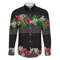 Hawaiian Tropical Flowers and Tribal Polynesian Tattoo Family Matching Off Shoulder Maxi Dress and Hawaiian Shirt Black Color LT03 Dad's Shirt - Long Sleeve Black - Polynesian Pride