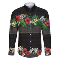 Hawaiian Tropical Flowers and Tribal Polynesian Tattoo Family Matching Puletasi and Hawaiian Shirt Black Color LT03 Dad's Shirt - Long Sleeve Black - Polynesian Pride