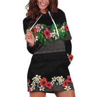 Hawaiian Tropical Flowers and Tribal Polynesian Tattoo Hoodie Dress Black Color LT03 Black - Polynesian Pride