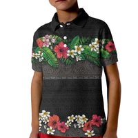 Hawaiian Tropical Flowers and Tribal Polynesian Tattoo Kid Polo Shirt Black Color LT03 Kid Black - Polynesian Pride