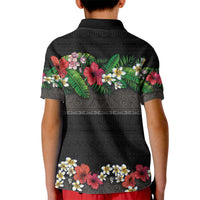 Hawaiian Tropical Flowers and Tribal Polynesian Tattoo Kid Polo Shirt Black Color LT03 - Polynesian Pride