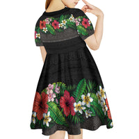 Hawaiian Tropical Flowers and Tribal Polynesian Tattoo Kid Short Sleeve Dress Black Color LT03 - Polynesian Pride