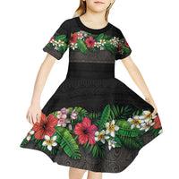 Hawaiian Tropical Flowers and Tribal Polynesian Tattoo Kid Short Sleeve Dress Black Color LT03 - Polynesian Pride