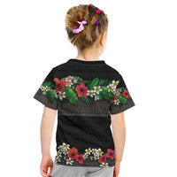 Hawaiian Tropical Flowers and Tribal Polynesian Tattoo Kid T Shirt Black Color LT03 - Polynesian Pride
