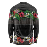 Hawaiian Tropical Flowers and Tribal Polynesian Tattoo Long Sleeve Shirt Black Color LT03 - Polynesian Pride