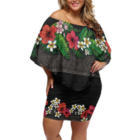 Hawaiian Tropical Flowers and Tribal Polynesian Tattoo Off Shoulder Short Dress Black Color LT03 Women Black - Polynesian Pride