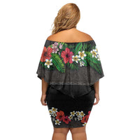 Hawaiian Tropical Flowers and Tribal Polynesian Tattoo Off Shoulder Short Dress Black Color LT03 - Polynesian Pride