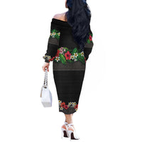 Hawaiian Tropical Flowers and Tribal Polynesian Tattoo Off The Shoulder Long Sleeve Dress Black Color LT03 - Polynesian Pride