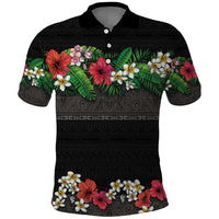 Hawaiian Tropical Flowers and Tribal Polynesian Tattoo Polo Shirt Black Color LT03 Black - Polynesian Pride