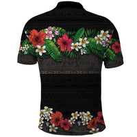 Hawaiian Tropical Flowers and Tribal Polynesian Tattoo Polo Shirt Black Color LT03 - Polynesian Pride
