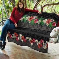 Hawaiian Tropical Flowers and Tribal Polynesian Tattoo Quilt Black Color LT03 - Polynesian Pride