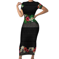 Hawaiian Tropical Flowers and Tribal Polynesian Tattoo Short Sleeve Bodycon Dress Black Color LT03 Long Dress Black - Polynesian Pride