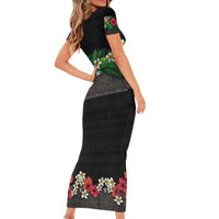 Hawaiian Tropical Flowers and Tribal Polynesian Tattoo Short Sleeve Bodycon Dress Black Color LT03 - Polynesian Pride