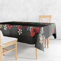 Hawaiian Tropical Flowers and Tribal Polynesian Tattoo Tablecloth Black Color