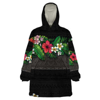 Hawaiian Tropical Flowers and Tribal Polynesian Tattoo Wearable Blanket Hoodie Black Color LT03 One Size Black - Polynesian Pride