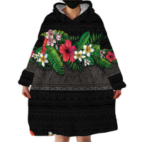 Hawaiian Tropical Flowers and Tribal Polynesian Tattoo Wearable Blanket Hoodie Black Color LT03 - Polynesian Pride