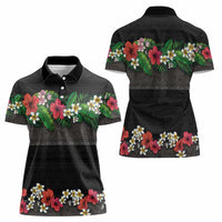 Hawaiian Tropical Flowers and Tribal Polynesian Tattoo Women Polo Shirt Black Color LT03 - Polynesian Pride