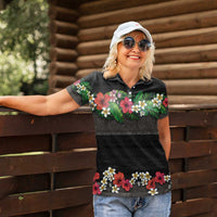 Hawaiian Tropical Flowers and Tribal Polynesian Tattoo Women Polo Shirt Black Color LT03 - Polynesian Pride